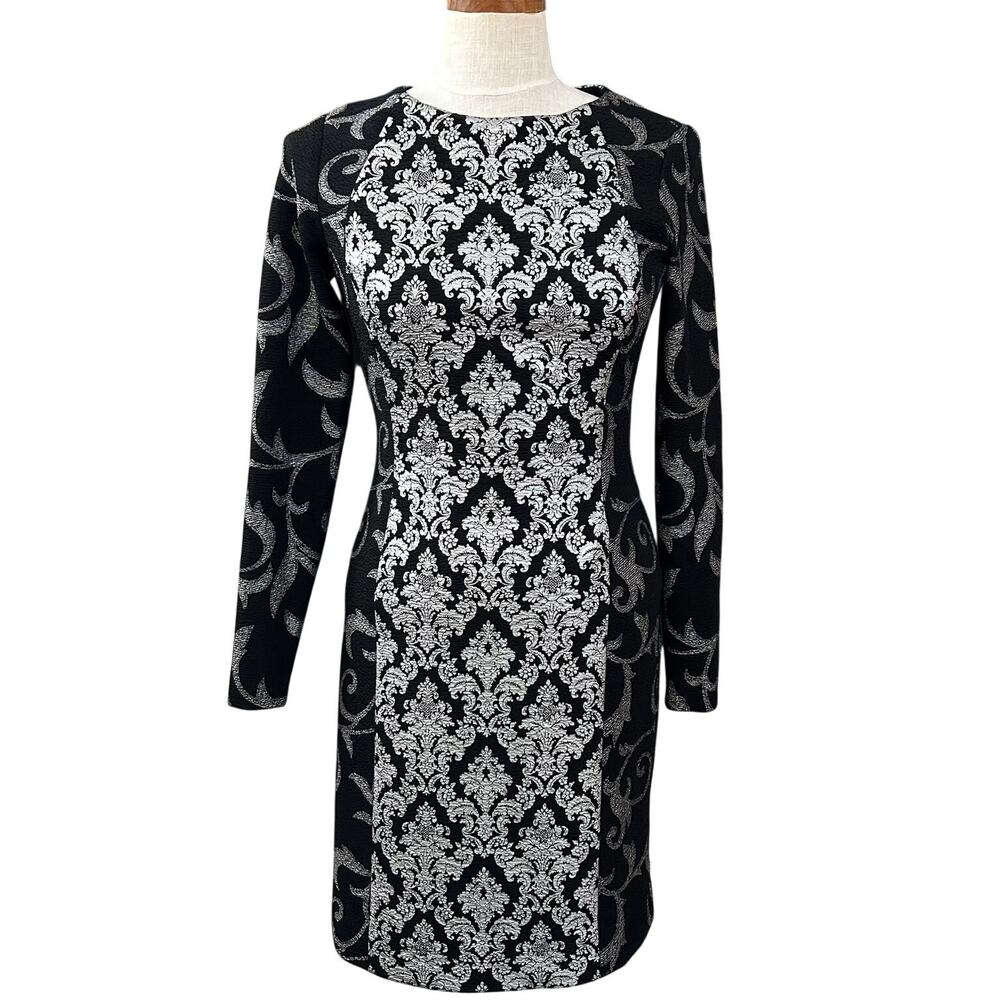 Antonio Melani Black Silver Damask Jacquard Sheath Dress Size 2 Cocktail Formal
